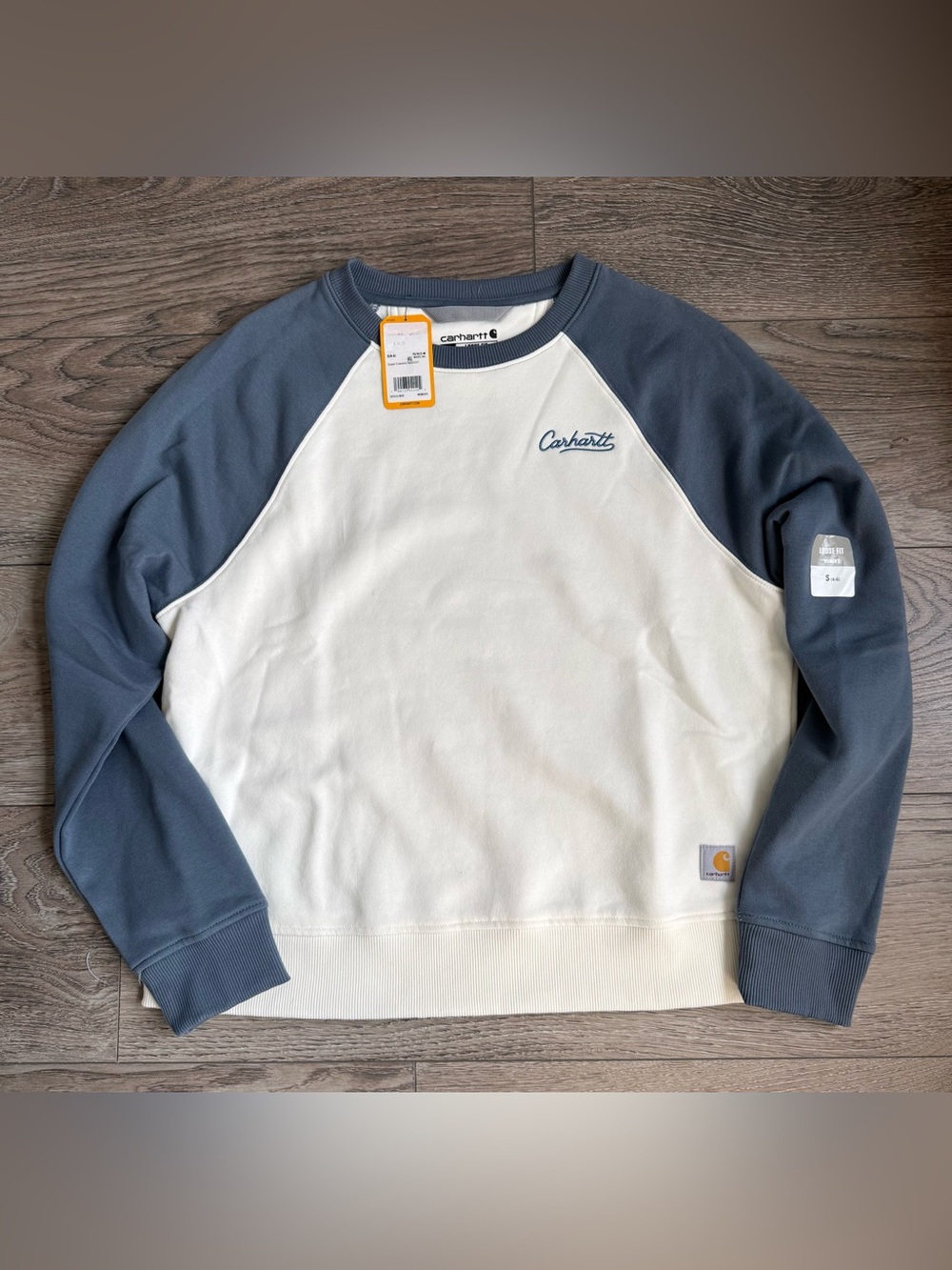 73.  Carhartt Women’s Sawyer Crewneck Sweatshirt Blue White Small NWT